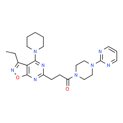 ChemSpider 2D Image | 3-[3-Ethyl-4-(1-piperidinyl)[1,2]oxazolo[5,4-d]pyrimidin-6-yl]-1-[4-(2-pyrimidinyl)-1-piperazinyl]-1-propanone | C23H30N8O2