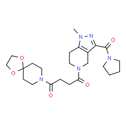 ChemSpider 2D Image | 1-(1,4-Dioxa-8-azaspiro[4.5]dec-8-yl)-4-[1-methyl-3-(1-pyrrolidinylcarbonyl)-1,4,6,7-tetrahydro-5H-pyrazolo[4,3-c]pyridin-5-yl]-1,4-butanedione | C23H33N5O5