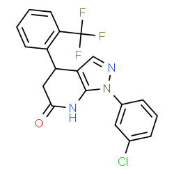 ChemSpider 2D Image | 1-(3-Chlorophenyl)-4-[2-(trifluoromethyl)phenyl]-1,4,5,7-tetrahydro-6H-pyrazolo[3,4-b]pyridin-6-one | C19H13ClF3N3O
