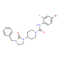 ChemSpider 2D Image | 4-(3-Benzyl-2-oxo-1-imidazolidinyl)-N-(4-bromo-2-fluorophenyl)-1-piperidinecarboxamide | C22H24BrFN4O2