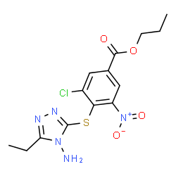 ChemSpider 2D Image | Propyl 4-[(4-amino-5-ethyl-4H-1,2,4-triazol-3-yl)sulfanyl]-3-chloro-5-nitrobenzoate | C14H16ClN5O4S
