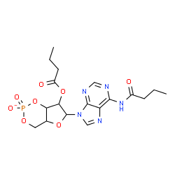 ChemSpider 2D Image | 6-[6-(Butyrylamino)-9H-purin-9-yl]-7-(butyryloxy)tetrahydro-4H-furo[3,2-d][1,3,2]dioxaphosphinin-2-olate 2-oxide | C18H23N5O8P