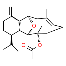 ChemSpider 2D Image | (1R,2R,6R,7R,8R,9R,12E)-6-Isopropyl-9,13-dimethyl-3-methylene-15-oxatricyclo[6.6.1.0~2,7~]pentadec-12-en-9-yl acetate | C22H34O3