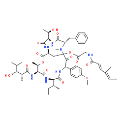 ChemSpider 2D Image | [(3S,6R,9S,12S,15R,18S,19R)-9-Benzyl-15-[(2R)-2-butanyl]-18-{[(2R,3R)-3-hydroxy-2,4-dimethylpentanoyl]amino}-6-[(1R)-1-hydroxyethyl]-12-(4-methoxyphenyl)-10,19-dimethyl-2,5,8,11,14,17-hexaoxo-1-oxa-4,
7,10,13,16-pentaazacyclononadecan-3-yl]methyl N-[(2E,4E)-4-methyl-2,4-hexadienoyl]glycinate | C52H73N7O14