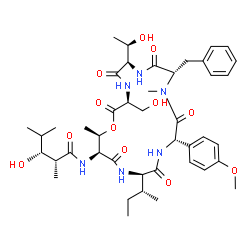 ChemSpider 2D Image | (2R,3R)-N-[(3S,6R,9S,12S,15R,18S,19R)-9-Benzyl-15-[(2R)-2-butanyl]-6-[(1R)-1-hydroxyethyl]-3-(hydroxymethyl)-12-(4-methoxyphenyl)-10,19-dimethyl-2,5,8,11,14,17-hexaoxo-1-oxa-4,7,10,13,16-pentaazacyclo
nonadecan-18-yl]-3-hydroxy-2,4-dimethylpentanamide | C43H62N6O12