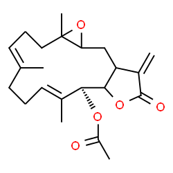 ChemSpider 2D Image | (4E,8E,10S)-1a,5,9-Trimethyl-13-methylene-12-oxo-1a,2,3,6,7,10,10a,12,13,13a,14,14a-dodecahydrooxireno[4,5]cyclotetradeca[1,2-b]furan-10-yl acetate | C22H30O5