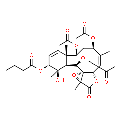 ChemSpider 2D Image | (1R,2R,4aS,5R,7R,8Z,9aS,11aR,12aS,13R,13aS)-5,7,13-Triacetoxy-1-hydroxy-1,4a,8,11a-tetramethyl-11-oxo-2,4a,5,6,7,9a,11,11a,13,13a-decahydro-1H-benzo[4,5]cyclodeca[1,2-b]oxireno[c]furan-2-yl butyrate | C30H40O12