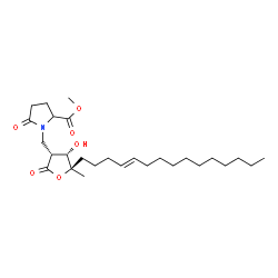 ChemSpider 2D Image | Methyl 1-({(3R,4S,5R)-4-hydroxy-5-methyl-2-oxo-5-[(4E)-4-pentadecen-1-yl]tetrahydro-3-furanyl}methyl)-5-oxo-2-pyrrolidinecarboxylate | C27H45NO6
