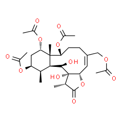 ChemSpider 2D Image | (1R,3aS,4E,8R,8aS,9S,11S,12R,12aS,13R,13aR)-5-(Acetoxymethyl)-13,13a-dihydroxy-1,8a,12-trimethyl-2-oxo-1,2,3a,6,7,8,8a,9,10,11,12,12a,13,13a-tetradecahydrobenzo[4,5]cyclodeca[1,2-b]furan-8,9,11-triyl 
triacetate | C28H40O12