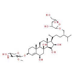 ChemSpider 2D Image | (3beta,6beta,15alpha,16beta)-6,8,15,16-Tetrahydroxy-28-(pentofuranosyloxy)ergost-4-en-3-yl 2-O-methyl-beta-D-xylopyranoside | C39H66O14