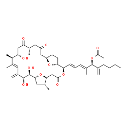 ChemSpider 2D Image | (1E,3E,5S)-4-Methyl-6-methylene-1-[(1R,2R,6S,7R,9R,10R,11R,13E,15R,16S,19S,23R)-10,11,16-trihydroxy-7,14,15,19-tetramethyl-12-methylene-4,18,21-trioxo-3,26,27-trioxatricyclo[21.2.1.1~6,9~]heptacos-13-
en-2-yl]-1,3-decadien-5-yl acetate | C43H64O11