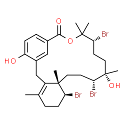 ChemSpider 2D Image | (7S,8S,11R,12S,15R)-7,11,15-Tribromo-12,22-dihydroxy-4,8,12,16,16-pentamethyl-17-oxatricyclo[17.3.1.0~3,8~]tricosa-1(23),3,19,21-tetraen-18-one | C27H37Br3O4