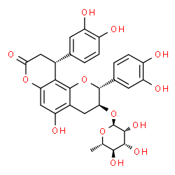 ChemSpider 2D Image | (2R,3S,10R)-2,10-Bis(3,4-dihydroxyphenyl)-5-hydroxy-8-oxo-3,4,9,10-tetrahydro-2H,8H-pyrano[2,3-f]chromen-3-yl 6-deoxy-alpha-L-mannopyranoside | C30H30O13