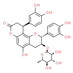 ChemSpider 2D Image | (2R,3S,10S)-2,10-Bis(3,4-dihydroxyphenyl)-5-hydroxy-8-oxo-3,4,9,10-tetrahydro-2H,8H-pyrano[2,3-f]chromen-3-yl 6-deoxy-alpha-L-mannopyranoside | C30H30O13