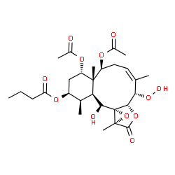 ChemSpider 2D Image | (1R,2S,4S,4aS,5S,7Z,9S,9aS,11aR,12aR,13S,13aS)-4,5-Diacetoxy-9-hydroperoxy-13-hydroxy-1,4a,8,11a-tetramethyl-11-oxo-2,3,4,4a,5,6,9,9a,11,11a,13,13a-dodecahydro-1H-benzo[4,5]cyclodeca[1,2-b]oxireno[c]f
uran-2-yl butanoate | C28H40O12