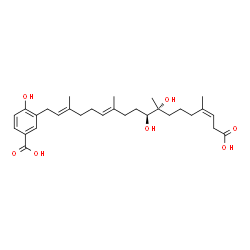 ChemSpider 2D Image | 3-[(2E,6E,10S,11R,15Z)-17-Carboxy-10,11-dihydroxy-3,7,11,15-tetramethyl-2,6,15-heptadecatrien-1-yl]-4-hydroxybenzoic acid | C29H42O7