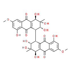 ChemSpider 2D Image | (1R,1'R,2R,2'R,3R,3'R,4R,4'R)-2,2',3,3',4,4',8,8'-Octahydroxy-6,6'-dimethoxy-3,3'-dimethyl-1,1',2,2',3,3',4,4'-octahydro-1,1'-bianthracene-9,9',10,10'-tetrone | C32H30O14