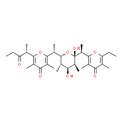 ChemSpider 2D Image | (5R)-2,4-Dideoxy-5-[(1R)-1-{3,5-dimethyl-4-oxo-6-[(2R)-3-oxo-2-pentanyl]-4H-pyran-2-yl}ethyl]-1-C-[(1S)-1-(6-ethyl-3,5-dimethyl-4-oxo-4H-pyran-2-yl)ethyl]-2,4-dimethyl-beta-D-lyxopyranose | C32H46O8