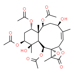 ChemSpider 2D Image | (1R,2S,4S,4aS,5S,7R,8Z,9aS,11aR,12aS,13S,13aS)-1,7-Dihydroxy-1,4a,8,11a-tetramethyl-11-oxo-2,3,4,4a,5,6,7,9a,11,11a,13,13a-dodecahydro-1H-benzo[4,5]cyclodeca[1,2-b]oxireno[c]furan-2,4,5,13-tetrayl tet
raacetate | C28H38O13