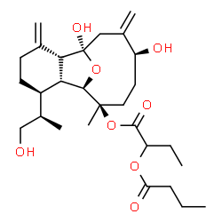 ChemSpider 2D Image | (1R,2R,6R,7R,8R,9R,12S)-1,12-Dihydroxy-6-[(2R)-1-hydroxy-2-propanyl]-9-methyl-3,13-bis(methylene)-15-oxatricyclo[6.6.1.0~2,7~]pentadec-9-yl 2-(butyryloxy)butanoate | C28H44O8