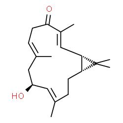 ChemSpider 2D Image | (1S,2E,6E,9S,10E,14R)-9-Hydroxy-3,7,11,15,15-pentamethylbicyclo[12.1.0]pentadeca-2,6,10-trien-4-one | C20H30O2