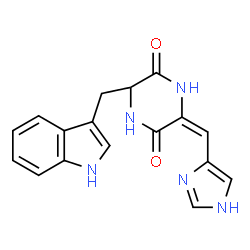 ChemSpider 2D Image | (3E)-3-(1H-Imidazol-4-ylmethylene)-6-(1H-indol-3-ylmethyl)-2,5-piperazinedione | C17H15N5O2