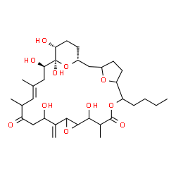 ChemSpider 2D Image | (1R,20E,23R,24R,25R)-7-Butyl-11,16,23,24,25-pentahydroxy-10,19,21-trimethyl-15-methylene-8,13,28,29-tetraoxatetracyclo[22.3.1.1~3,6~.0~12,14~]nonacos-20-ene-9,18-dione | C33H52O11
