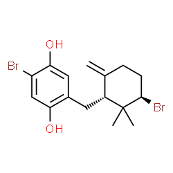ChemSpider 2D Image | 2-Bromo-5-{[(1R,3R)-3-bromo-2,2-dimethyl-6-methylenecyclohexyl]methyl}-1,4-benzenediol | C16H20Br2O2