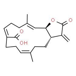 ChemSpider 2D Image | (3aS,6Z,10Z,14E,15aR)-6,14-Dimethyl-3-methylene-2-oxo-2,3,3a,4,5,8,9,12,13,15a-decahydrocyclotetradeca[b]furan-10-carboxylic acid | C20H26O4