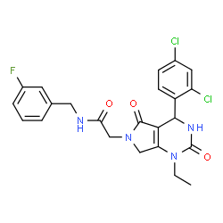 ChemSpider 2D Image | 2-[4-(2,4-Dichlorophenyl)-1-ethyl-2,5-dioxo-1,2,3,4,5,7-hexahydro-6H-pyrrolo[3,4-d]pyrimidin-6-yl]-N-(3-fluorobenzyl)acetamide | C23H21Cl2FN4O3