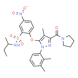 ChemSpider 2D Image | N-sec-Butyl-2-{[1-(2,3-dimethylphenyl)-4-methyl-3-(1-pyrrolidinylcarbonyl)-1H-pyrazol-5-yl]oxy}-5-nitrobenzenesulfonamide | C27H33N5O6S