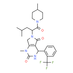 ChemSpider 2D Image | 1-Methyl-6-[4-methyl-1-(4-methyl-1-piperidinyl)-1-oxo-2-pentanyl]-4-[2-(trifluoromethyl)phenyl]-3,4,6,7-tetrahydro-1H-pyrrolo[3,4-d]pyrimidine-2,5-dione | C26H33F3N4O3