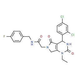 ChemSpider 2D Image | 2-[4-(2,4-Dichlorophenyl)-1-ethyl-2,5-dioxo-1,2,3,4,5,7-hexahydro-6H-pyrrolo[3,4-d]pyrimidin-6-yl]-N-(4-fluorobenzyl)acetamide | C23H21Cl2FN4O3