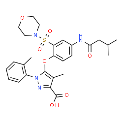 ChemSpider 2D Image | 4-Methyl-5-{4-[(3-methylbutanoyl)amino]-2-(4-morpholinylsulfonyl)phenoxy}-1-(2-methylphenyl)-1H-pyrazole-3-carboxylic acid | C27H32N4O7S