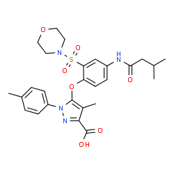 ChemSpider 2D Image | 4-Methyl-5-{4-[(3-methylbutanoyl)amino]-2-(4-morpholinylsulfonyl)phenoxy}-1-(4-methylphenyl)-1H-pyrazole-3-carboxylic acid | C27H32N4O7S