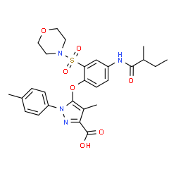 ChemSpider 2D Image | 4-Methyl-5-{4-[(2-methylbutanoyl)amino]-2-(4-morpholinylsulfonyl)phenoxy}-1-(4-methylphenyl)-1H-pyrazole-3-carboxylic acid | C27H32N4O7S