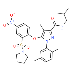 ChemSpider 2D Image | 1-(2,5-Dimethylphenyl)-N-isobutyl-4-methyl-5-[4-nitro-2-(1-pyrrolidinylsulfonyl)phenoxy]-1H-pyrazole-3-carboxamide | C27H33N5O6S