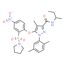 ChemSpider 2D Image | N-sec-Butyl-1-(2,5-dimethylphenyl)-4-methyl-5-[4-nitro-2-(1-pyrrolidinylsulfonyl)phenoxy]-1H-pyrazole-3-carboxamide | C27H33N5O6S