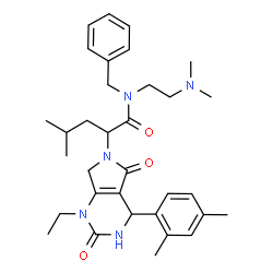 ChemSpider 2D Image | N-Benzyl-N-[2-(dimethylamino)ethyl]-2-[4-(2,4-dimethylphenyl)-1-ethyl-2,5-dioxo-1,2,3,4,5,7-hexahydro-6H-pyrrolo[3,4-d]pyrimidin-6-yl]-4-methylpentanamide | C33H45N5O3