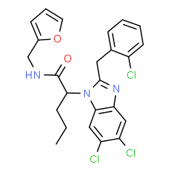 ChemSpider 2D Image | 2-[5,6-Dichloro-2-(2-chlorobenzyl)-1H-benzimidazol-1-yl]-N-(2-furylmethyl)pentanamide | C24H22Cl3N3O2