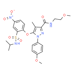 ChemSpider 2D Image | 5-[2-(Isopropylsulfamoyl)-4-nitrophenoxy]-N-(2-methoxyethyl)-1-(4-methoxyphenyl)-4-methyl-1H-pyrazole-3-carboxamide | C24H29N5O8S