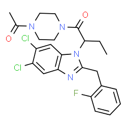 ChemSpider 2D Image | 1-(4-Acetyl-1-piperazinyl)-2-[5,6-dichloro-2-(2-fluorobenzyl)-1H-benzimidazol-1-yl]-1-butanone | C24H25Cl2FN4O2