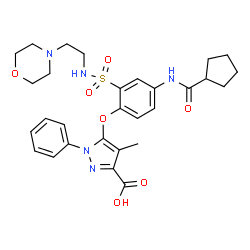 ChemSpider 2D Image | 5-(4-[(Cyclopentylcarbonyl)amino]-2-{[2-(4-morpholinyl)ethyl]sulfamoyl}phenoxy)-4-methyl-1-phenyl-1H-pyrazole-3-carboxylic acid | C29H35N5O7S
