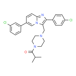 ChemSpider 2D Image | 1-(4-{[6-(3-Chlorophenyl)-2-(4-chlorophenyl)imidazo[1,2-a]pyridin-3-yl]methyl}-1-piperazinyl)-2-methyl-1-propanone | C28H28Cl2N4O