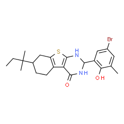 ChemSpider 2D Image | [1]benzothieno[2,3-d]pyrimidin-4-ol, 2-(5-bromo-2-hydroxy-3-methylphenyl)-7-(1,1-dimethylpropyl)-1,2,5,6,7,8-hexahydro- | C22H27BrN2O2S