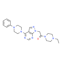 ChemSpider 2D Image | 1-(4-Ethyl-1-piperazinyl)-2-[4-(4-phenyl-1-piperazinyl)-1H-pyrazolo[3,4-d]pyrimidin-1-yl]ethanone | C23H30N8O