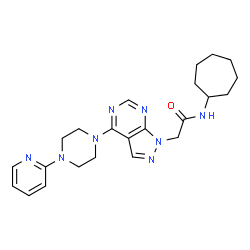 ChemSpider 2D Image | N-Cycloheptyl-2-{4-[4-(2-pyridinyl)-1-piperazinyl]-1H-pyrazolo[3,4-d]pyrimidin-1-yl}acetamide | C23H30N8O