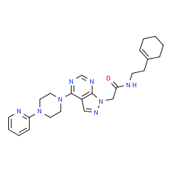 ChemSpider 2D Image | N-[2-(1-Cyclohexen-1-yl)ethyl]-2-{4-[4-(2-pyridinyl)-1-piperazinyl]-1H-pyrazolo[3,4-d]pyrimidin-1-yl}acetamide | C24H30N8O