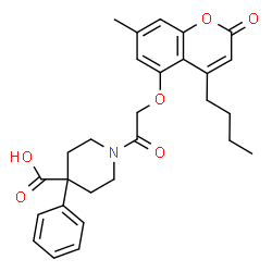 ChemSpider 2D Image | 1-{[(4-Butyl-7-methyl-2-oxo-2H-chromen-5-yl)oxy]acetyl}-4-phenyl-4-piperidinecarboxylic acid | C28H31NO6