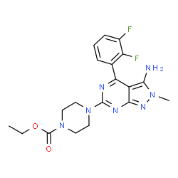 ChemSpider 2D Image | Ethyl 4-[3-amino-4-(2,3-difluorophenyl)-2-methyl-2H-pyrazolo[3,4-d]pyrimidin-6-yl]-1-piperazinecarboxylate | C19H21F2N7O2
